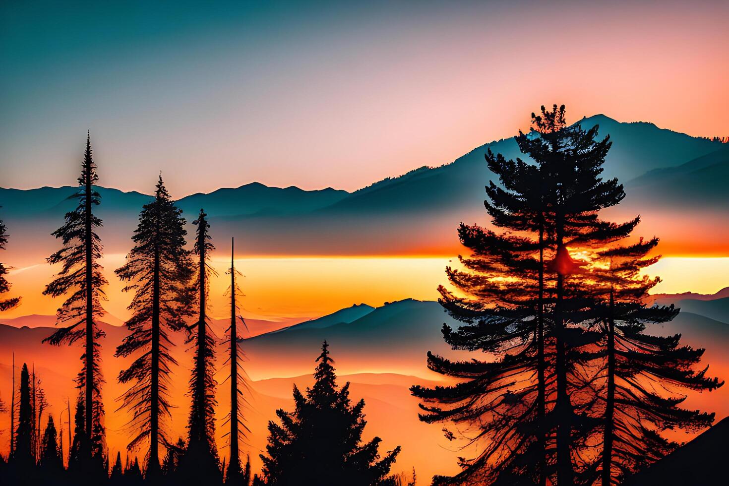 A sunset in the mountains with a tree in the foreground photo