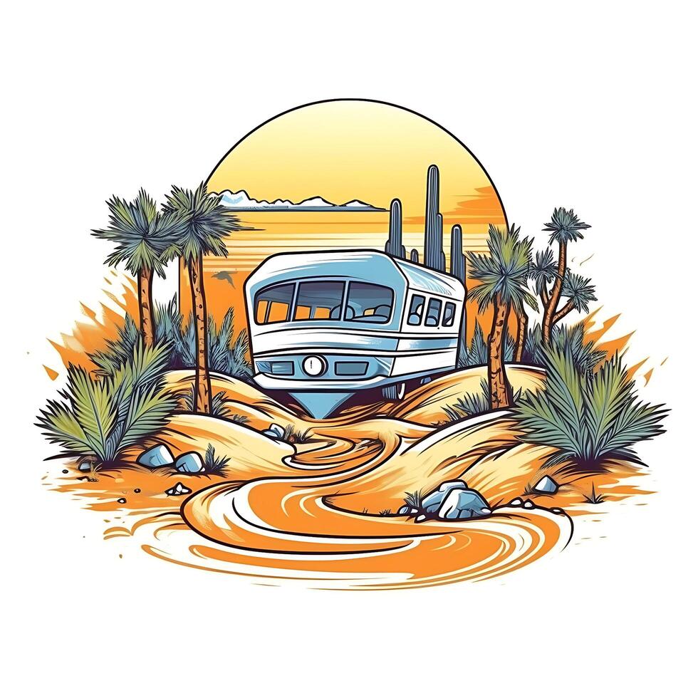 Illustration of a bus in the desert with palm trees photo