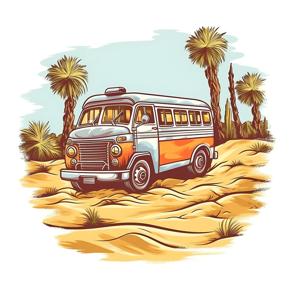 illustration of a bus r with palm trees on white background photo