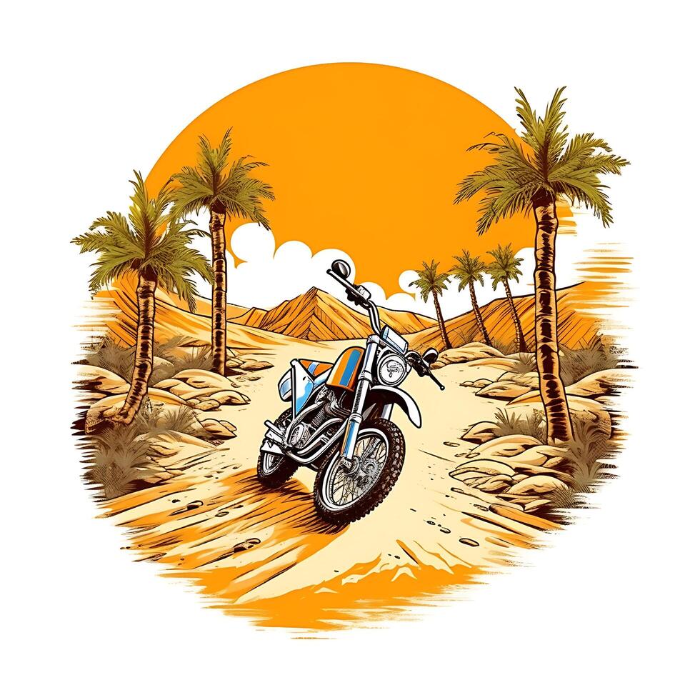 A drawing of a motorcycle on a desert road with palm trees in the background photo