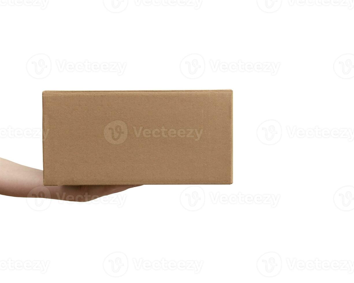 Delivery cardboard boxes in woman hand isolated photo