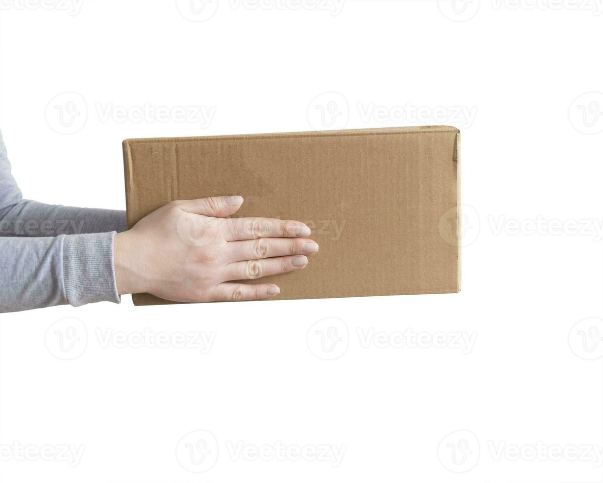 Delivery cardboard boxes in woman hand isolated photo