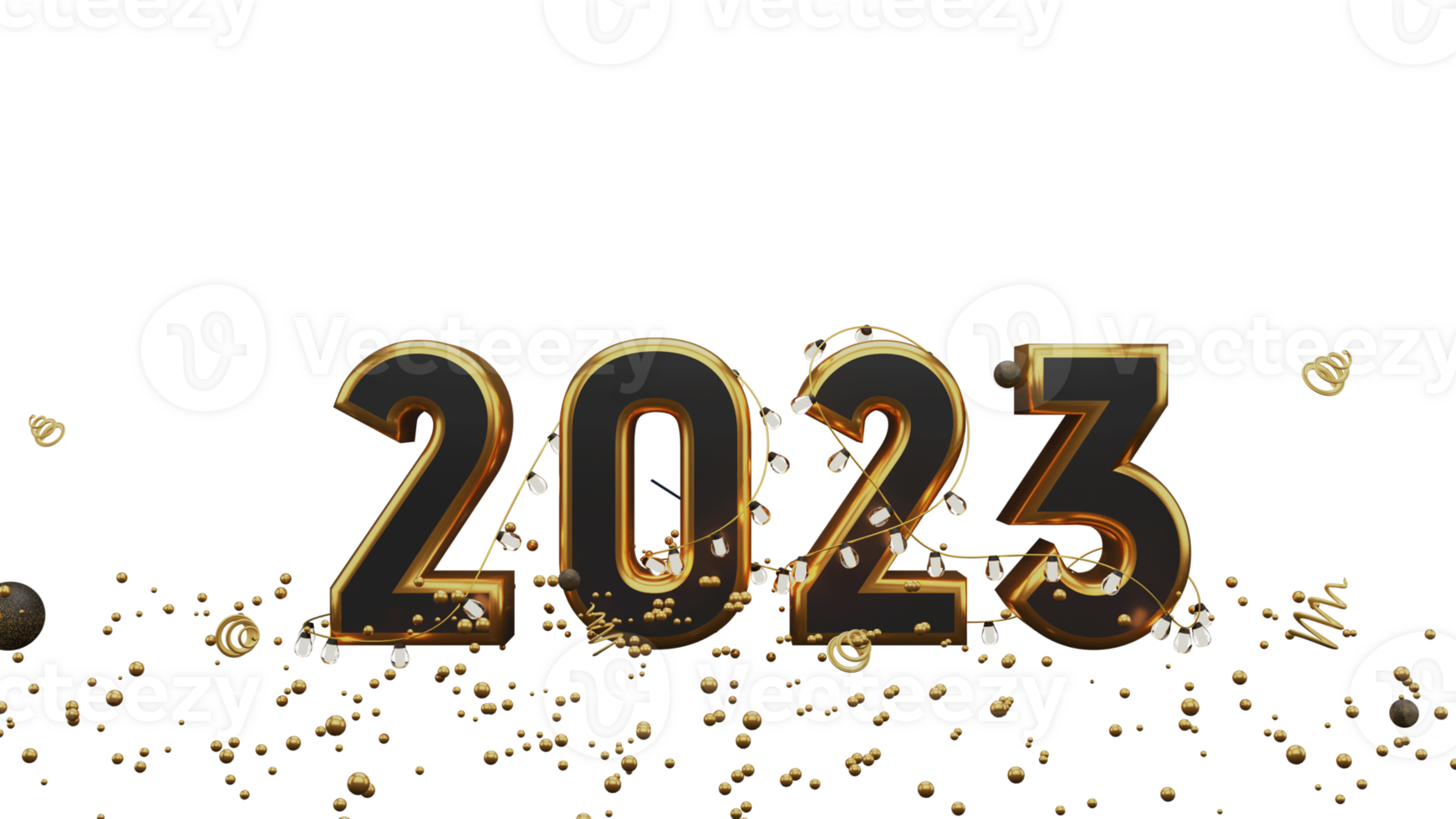 3D Render, Golden 2023 Text with Confetti on PNG Background.