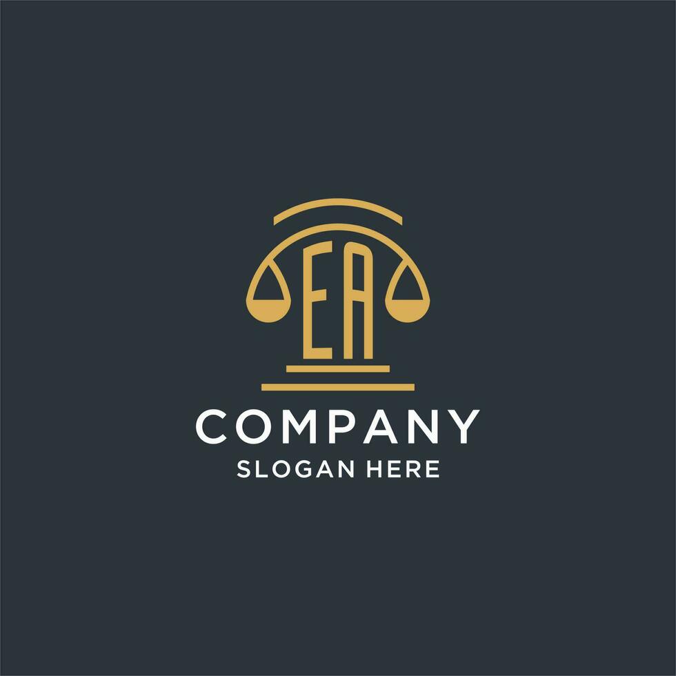 EA initial with scale of justice logo design template, luxury law and attorney logo design ideas vector