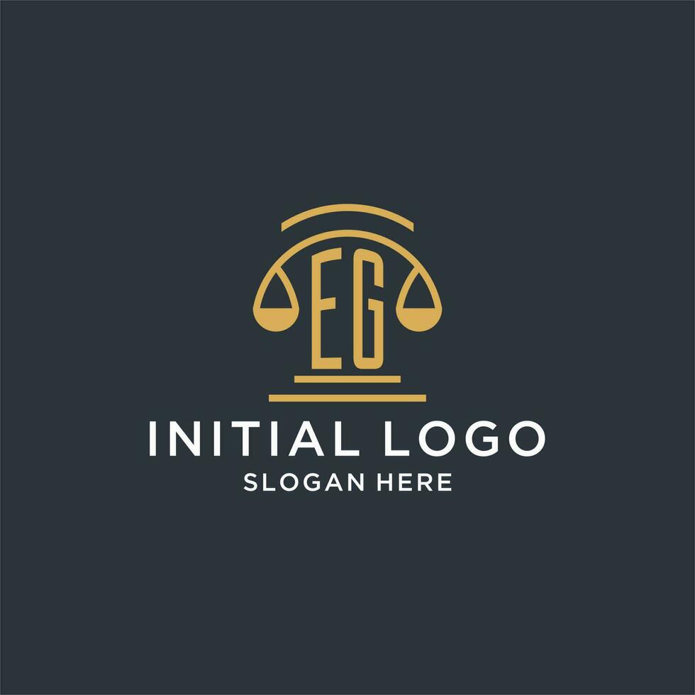 EG initial with scale of justice logo design template, luxury law and attorney logo design ideas vector
