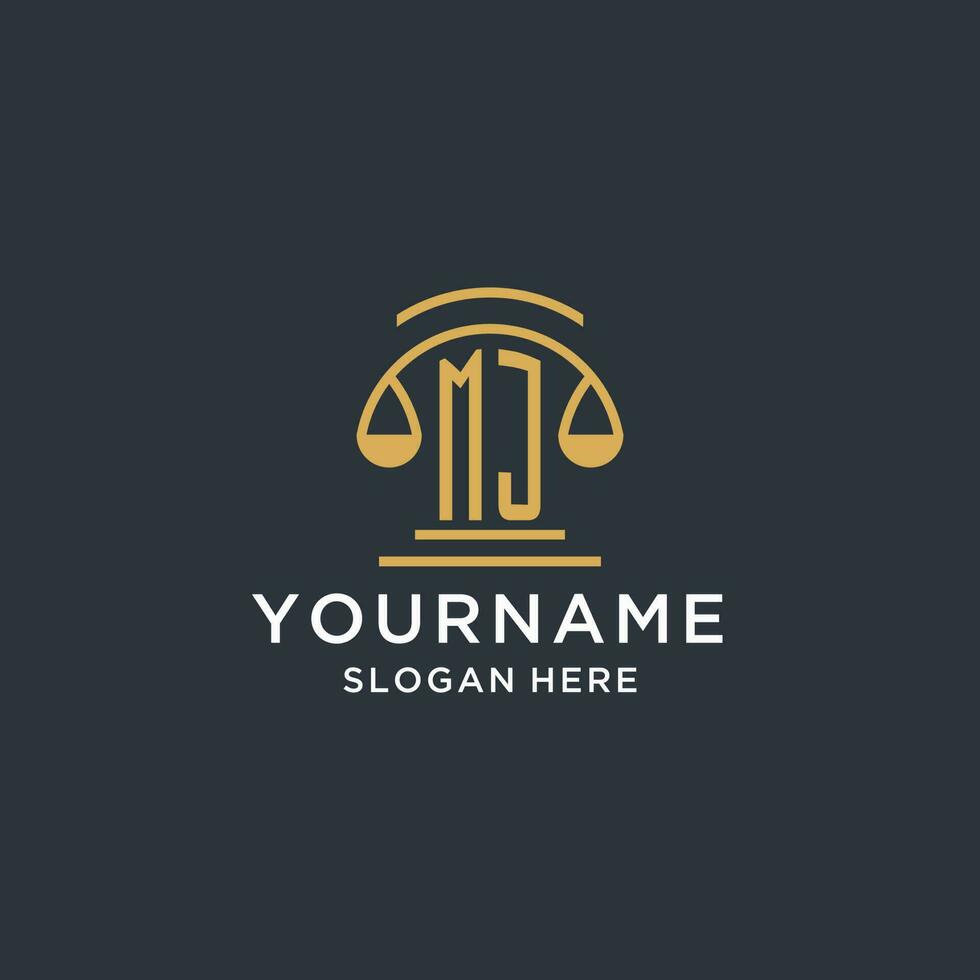 MJ initial with scale of justice logo design template, luxury law and attorney logo design ideas vector