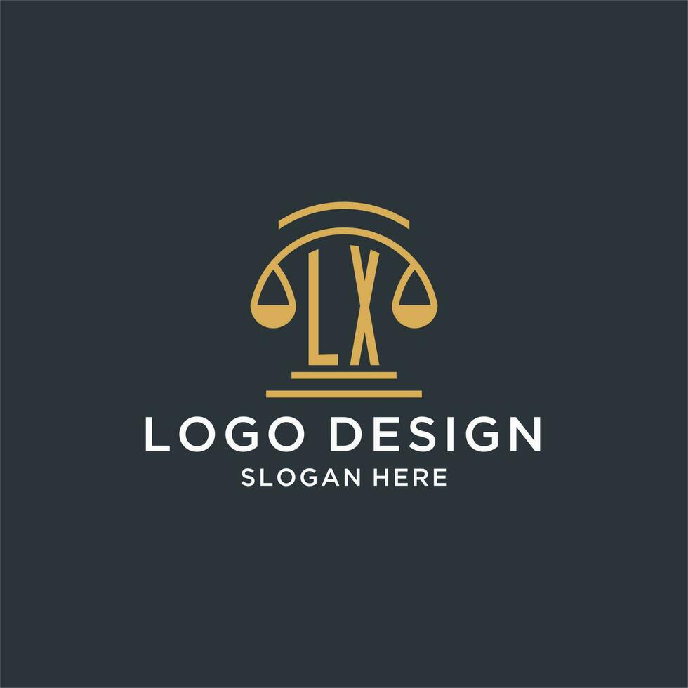 LX initial with scale of justice logo design template, luxury law and attorney logo design ideas vector