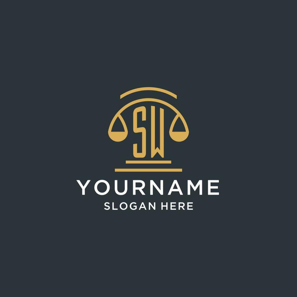 SW initial with scale of justice logo design template, luxury law and attorney logo design ideas vector