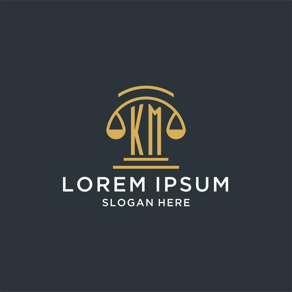 KM initial with scale of justice logo design template, luxury law and attorney logo design ideas vector