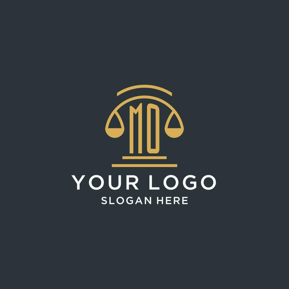 MO initial with scale of justice logo design template, luxury law and attorney logo design ideas vector
