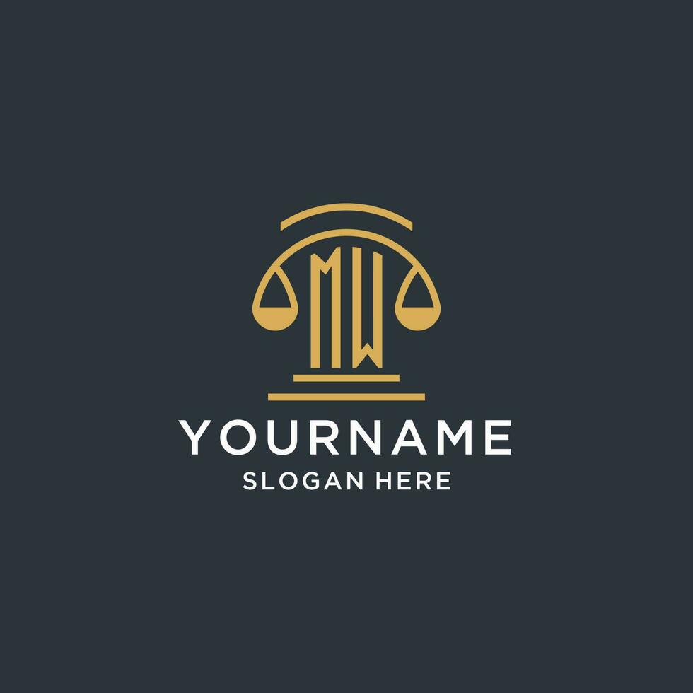 MW initial with scale of justice logo design template, luxury law and attorney logo design ideas vector