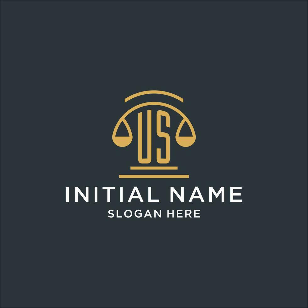 US initial with scale of justice logo design template, luxury law and attorney logo design ideas vector