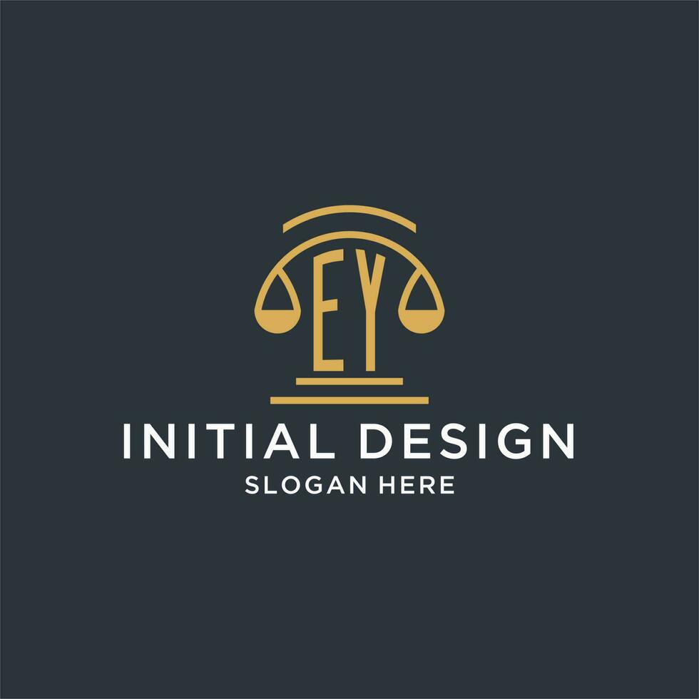 EY initial with scale of justice logo design template, luxury law and attorney logo design ideas vector