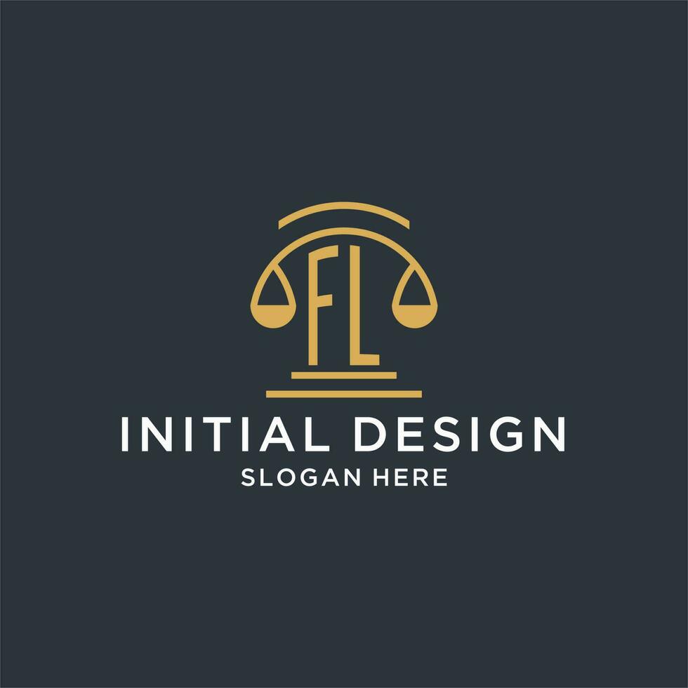 FL initial with scale of justice logo design template, luxury law and attorney logo design ideas vector