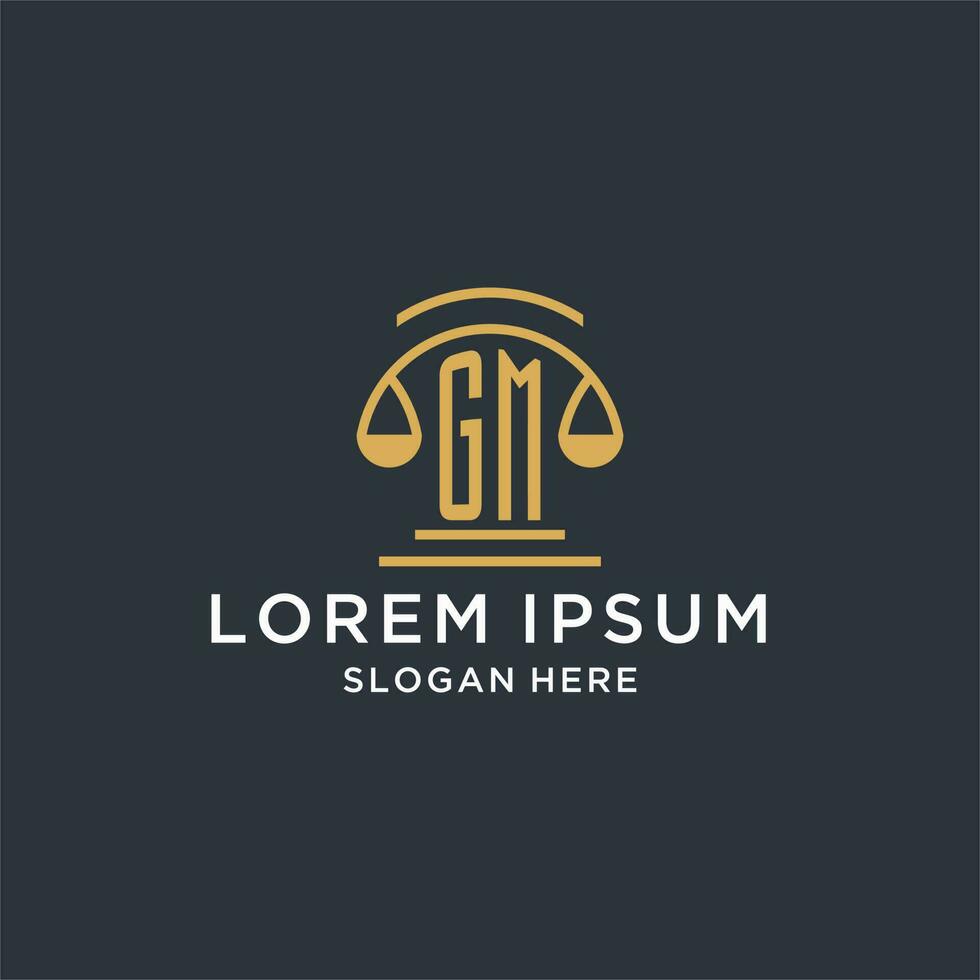 GM initial with scale of justice logo design template, luxury law and attorney logo design ideas vector