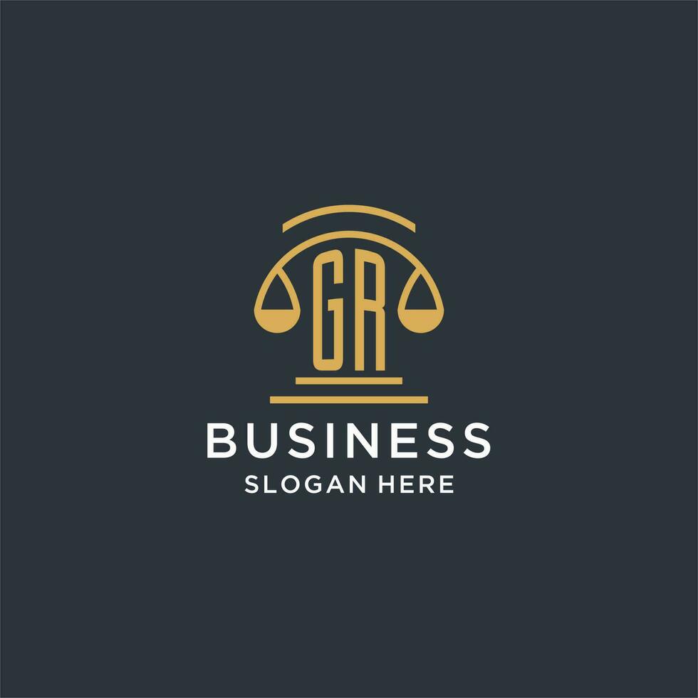 GR initial with scale of justice logo design template, luxury law and attorney logo design ideas vector