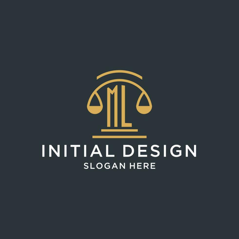 ML initial with scale of justice logo design template, luxury law and attorney logo design ideas vector