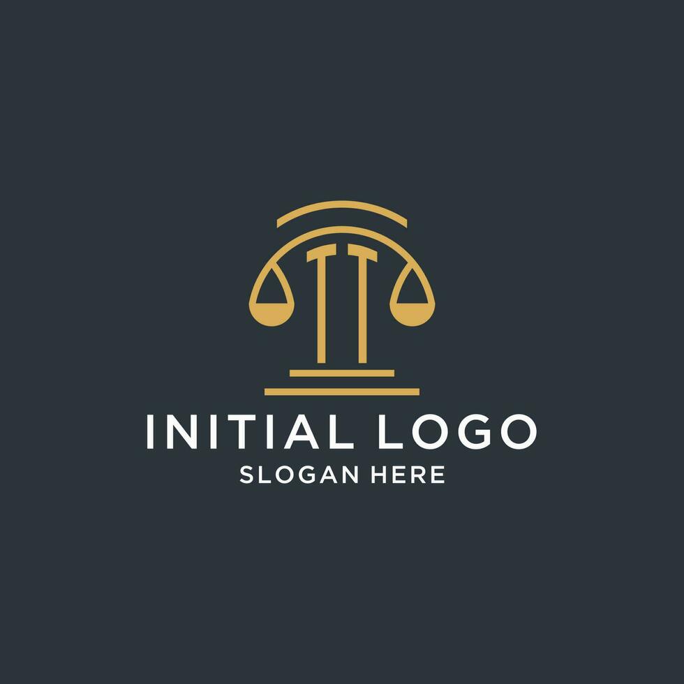 TT initial with scale of justice logo design template, luxury law and attorney logo design ideas vector