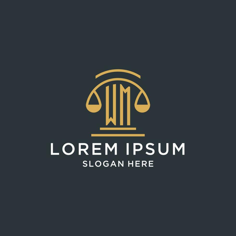 WM initial with scale of justice logo design template, luxury law and attorney logo design ideas vector