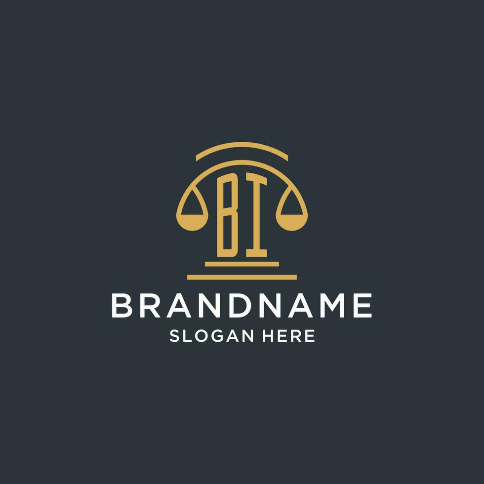 BI initial with scale of justice logo design template, luxury law and attorney logo design ideas vector