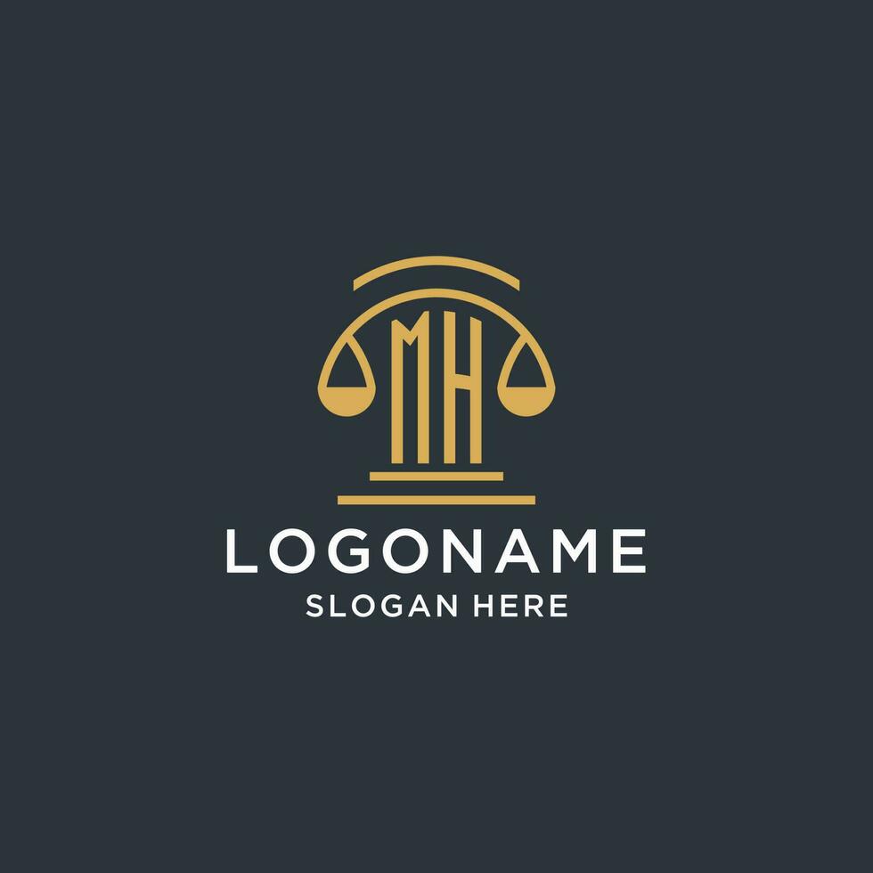 MH initial with scale of justice logo design template, luxury law and attorney logo design ideas vector