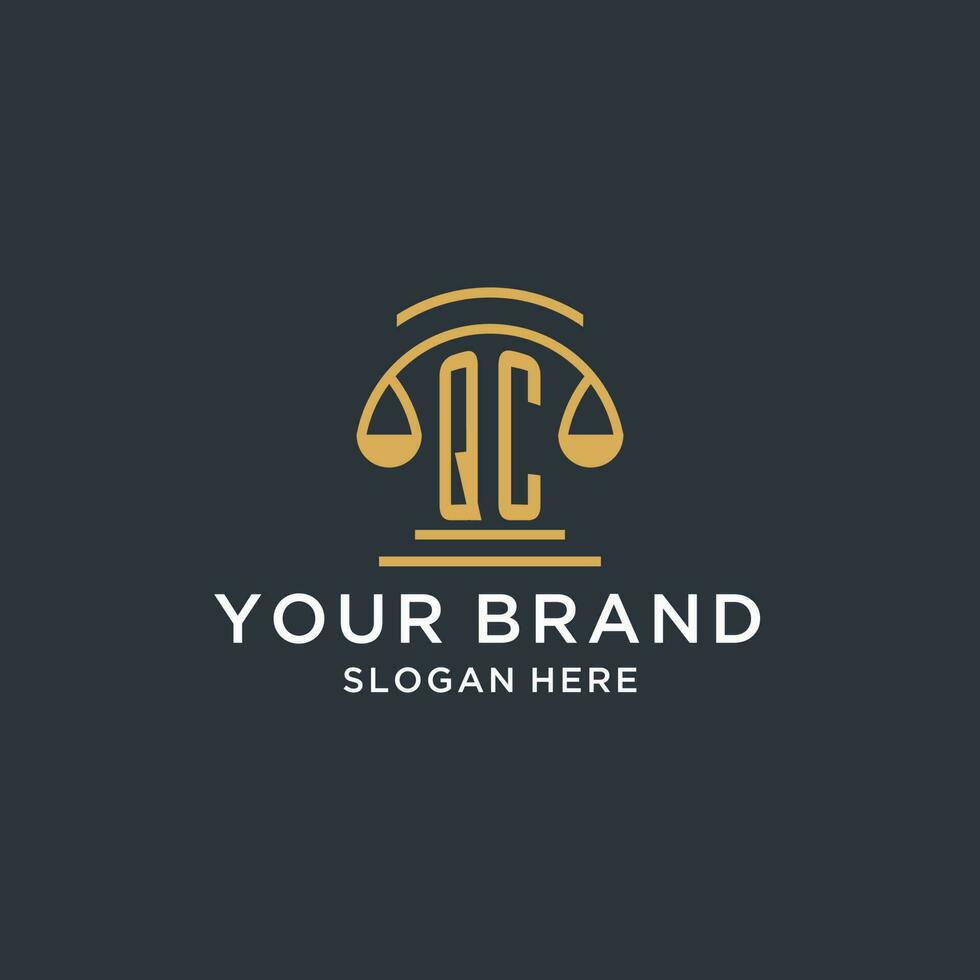 QC initial with scale of justice logo design template, luxury law and attorney logo design ideas vector
