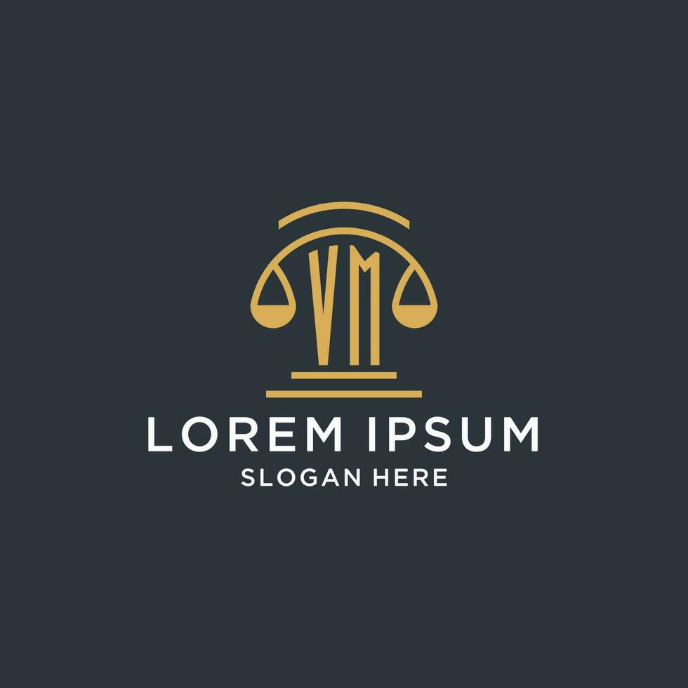 VM initial with scale of justice logo design template, luxury law and attorney logo design ideas vector