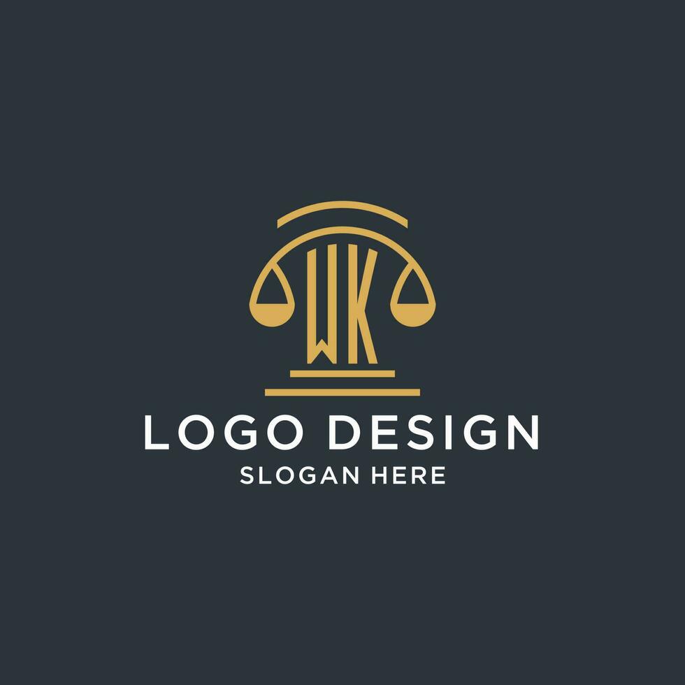 WK initial with scale of justice logo design template, luxury law and attorney logo design ideas vector