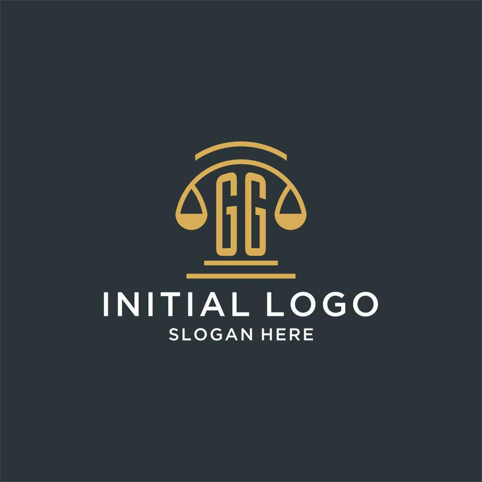 GG initial with scale of justice logo design template, luxury law and attorney logo design ideas vector