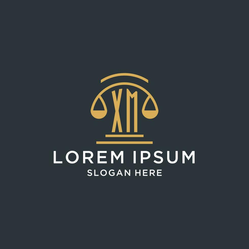XM initial with scale of justice logo design template, luxury law and attorney logo design ideas vector