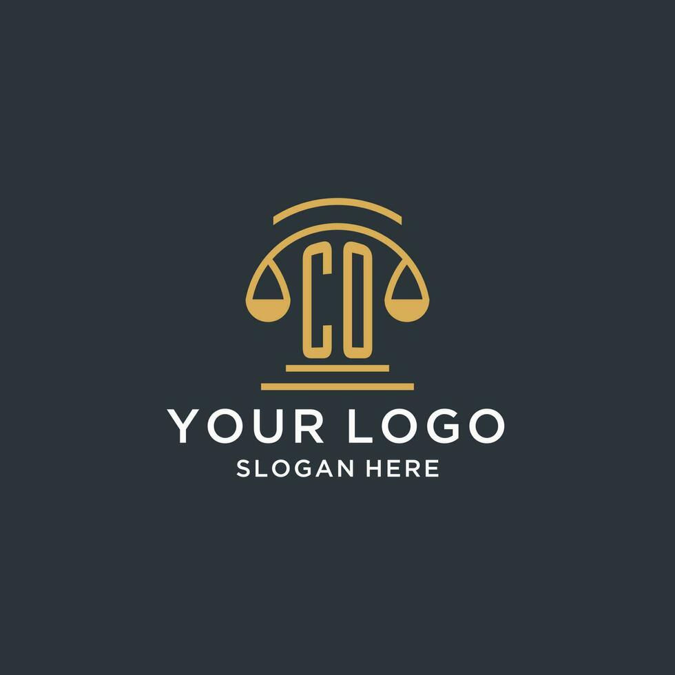 CO initial with scale of justice logo design template, luxury law and attorney logo design ideas vector
