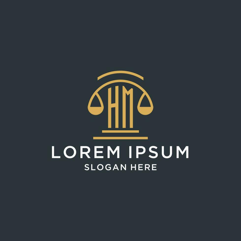 HM initial with scale of justice logo design template, luxury law and attorney logo design ideas vector