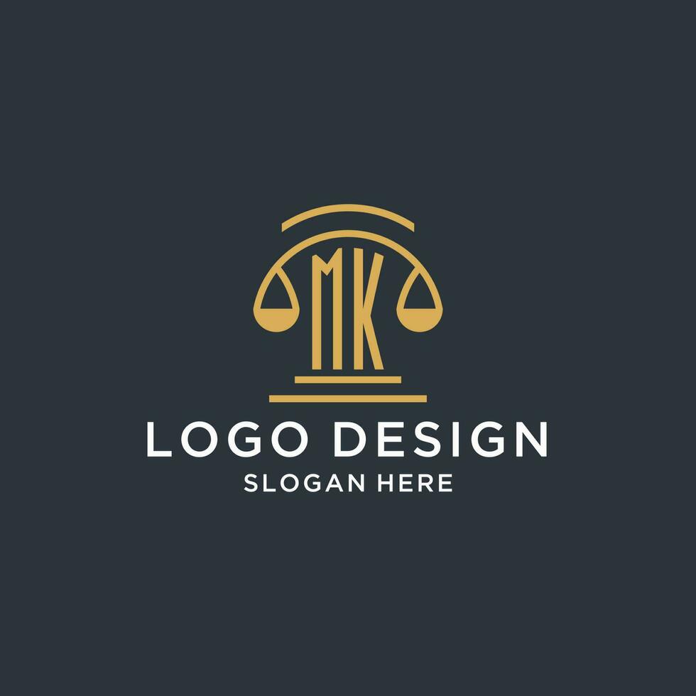 MK initial with scale of justice logo design template, luxury law and attorney logo design ideas vector