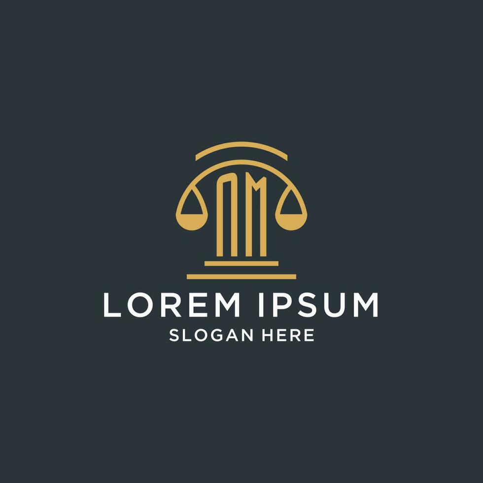 NM initial with scale of justice logo design template, luxury law and attorney logo design ideas vector