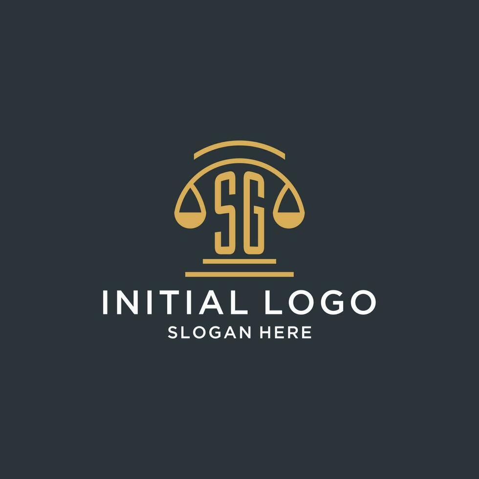 SG initial with scale of justice logo design template, luxury law and attorney logo design ideas vector