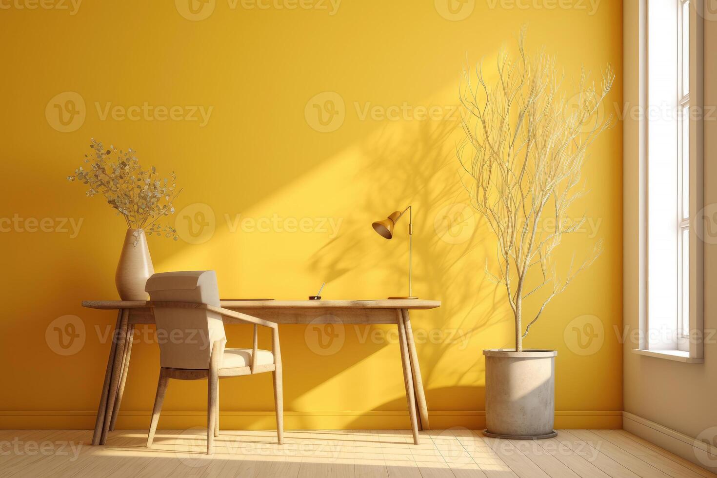 Minimal interior modern office space room with beige cozy tone style, decorate with armchair, desk, and row of computers, empty wall for mock up and banner, with . photo