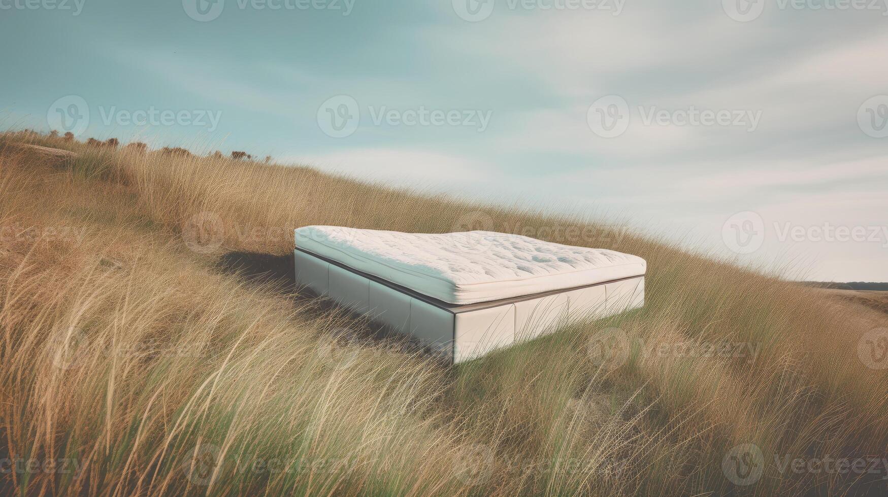 Lonely bed stand on grass dune hill with beautiful sky, surreal dreamlike landscape, minimal background, creative scene, Desert scene with furniture, with . photo