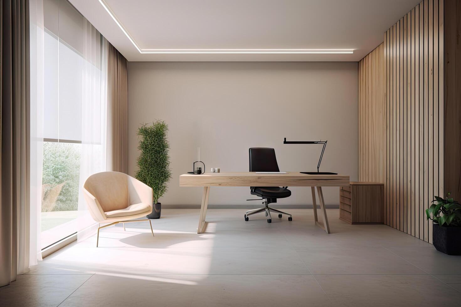 mínimo interior moderno oficina espacio habitación con beige acogedor tono estilo, Decorar con sillón, escritorio, y fila de ordenadores, vacío pared para burlarse de arriba y bandera, con generativo ai. foto