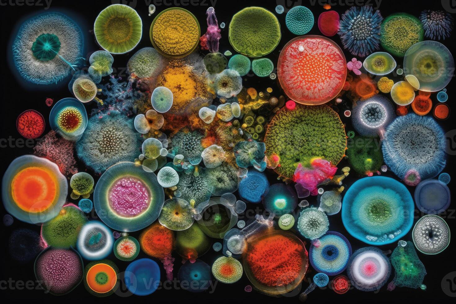 Colorful variety of microorganism inside petri dish plate in laboratory with super macro zoom background, including of bacteria, protozoa, algae, and fungi, with . photo
