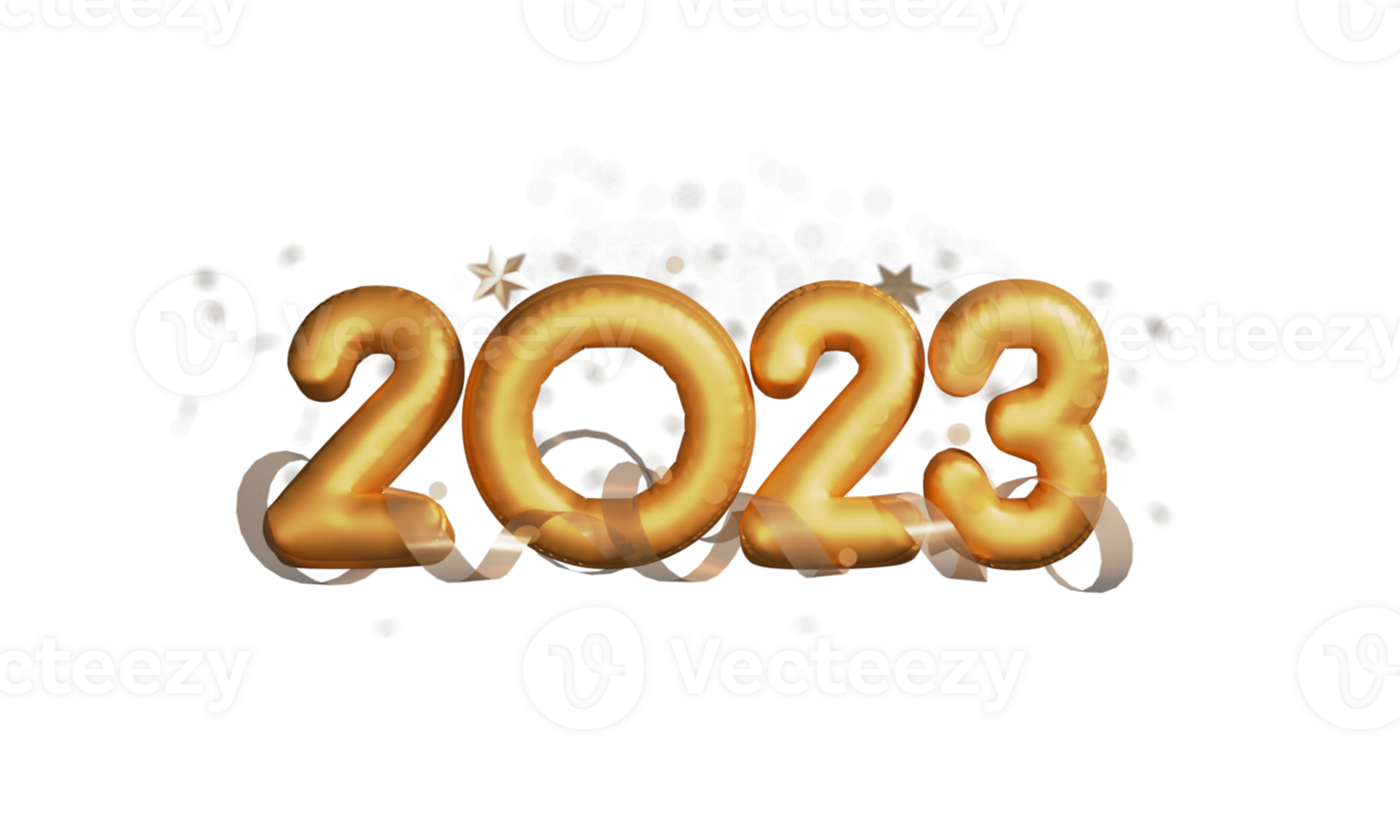3D Golden Foil 2023 Number With Stars, Curl Ribbons. png