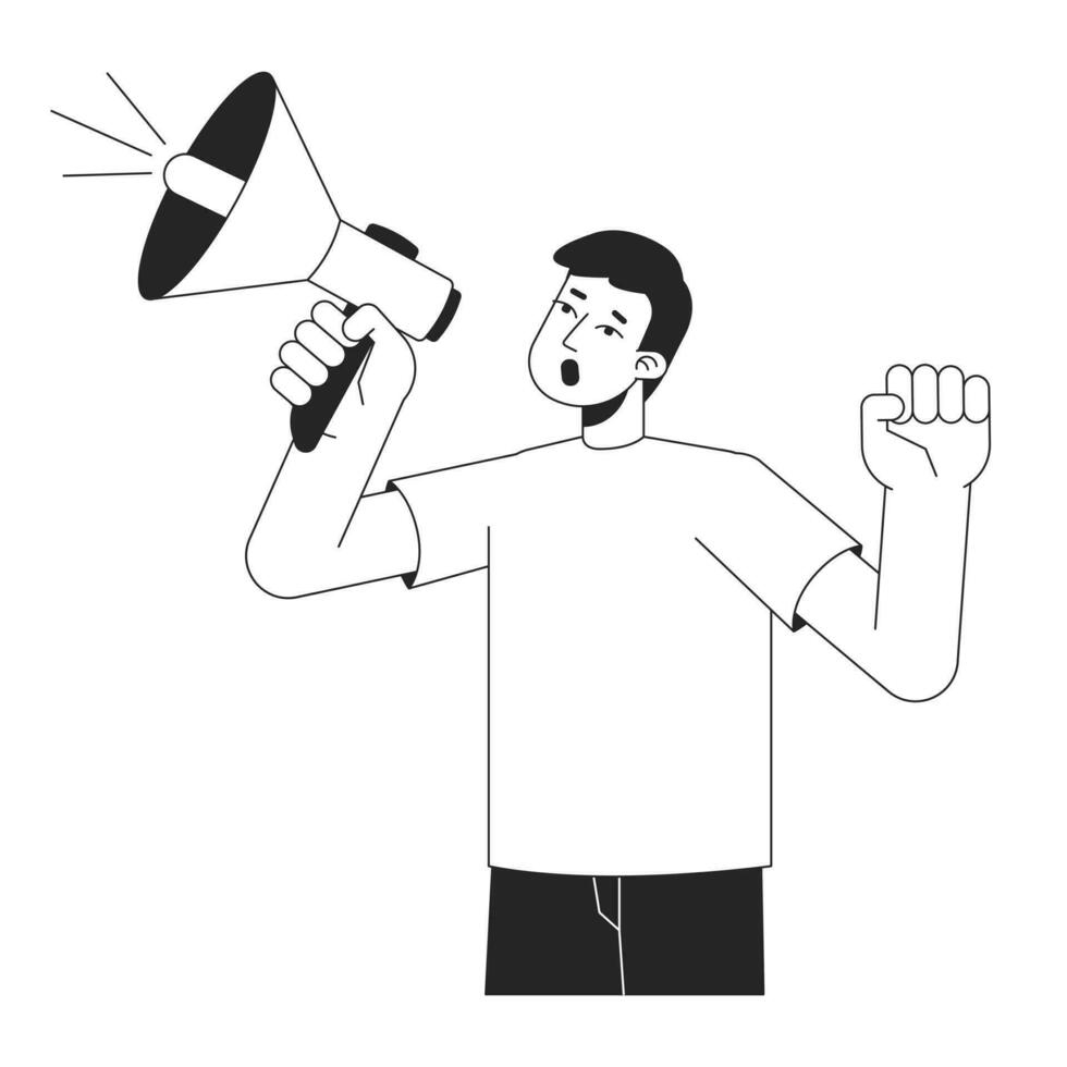 Asian young man shouting megaphone flat line black white vector character. Editable outline half body person. Announcement, protest simple cartoon isolated spot illustration for web graphic design