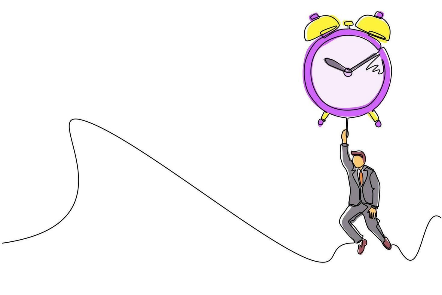 dibujo continuo de una línea feliz hombre de negocios, gerente o empleado volando con un gran reloj despertador de globo y sostenga la cuerda. metáfora empresarial de gestión del tiempo. ilustración de vector de diseño de dibujo de una sola línea