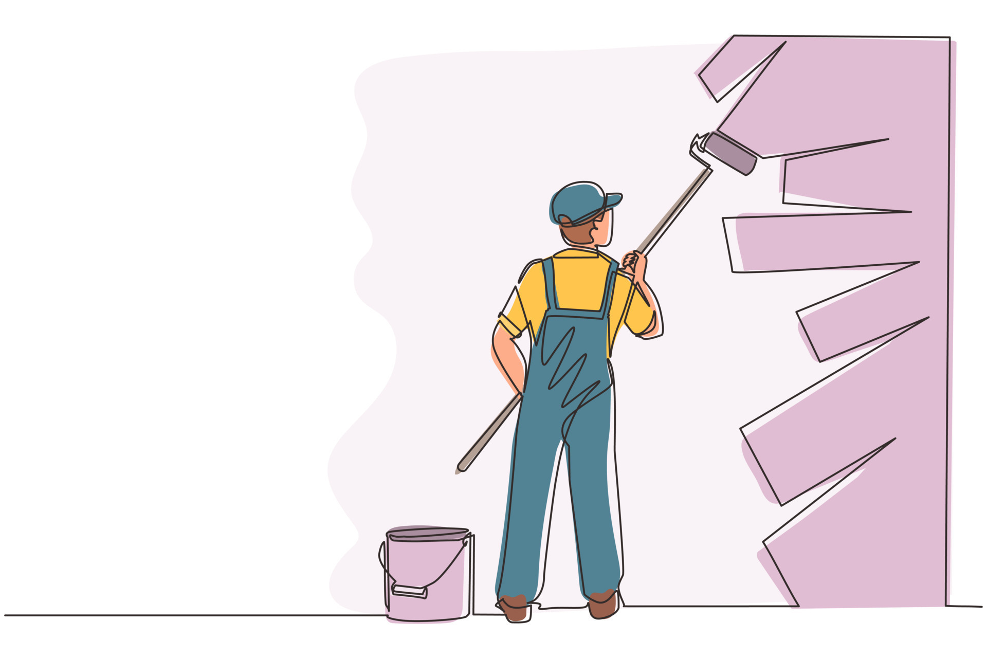 Continuous one line drawing painter decorator repairman people at work