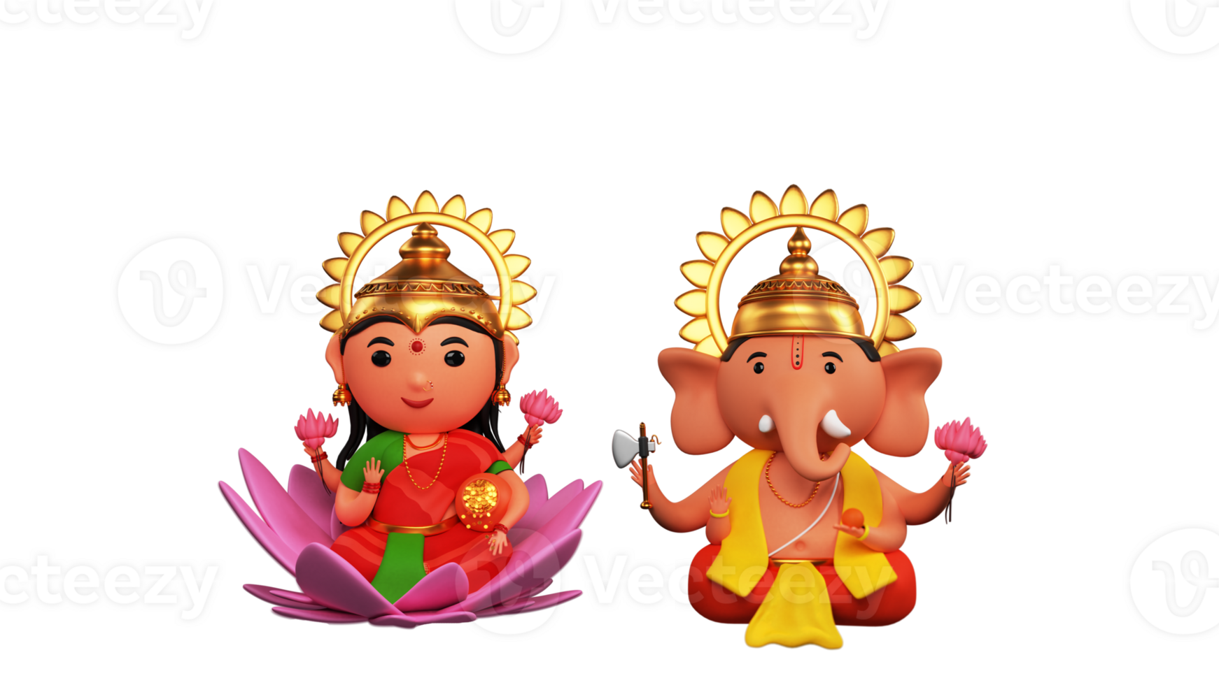 3D Rendering Of Hindu Mythological Lord Ganesha And Lakshmi. png