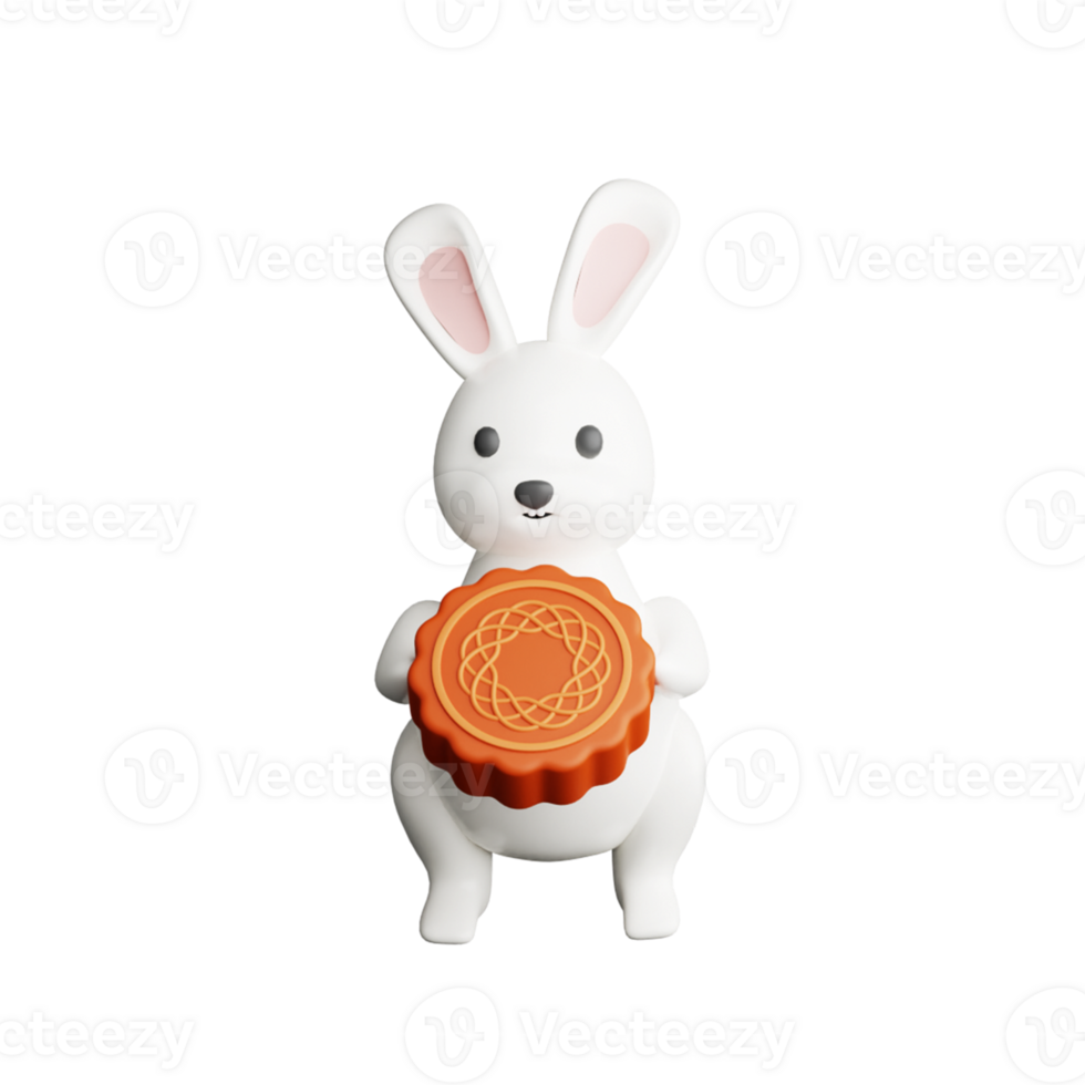 3D Render Illustration of Cute Bunny Holding Mooncake. png