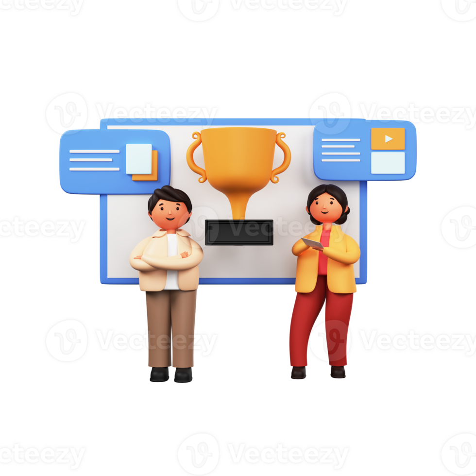 3D Render of Businessman And Woman Working Together With Trophy Cup. png