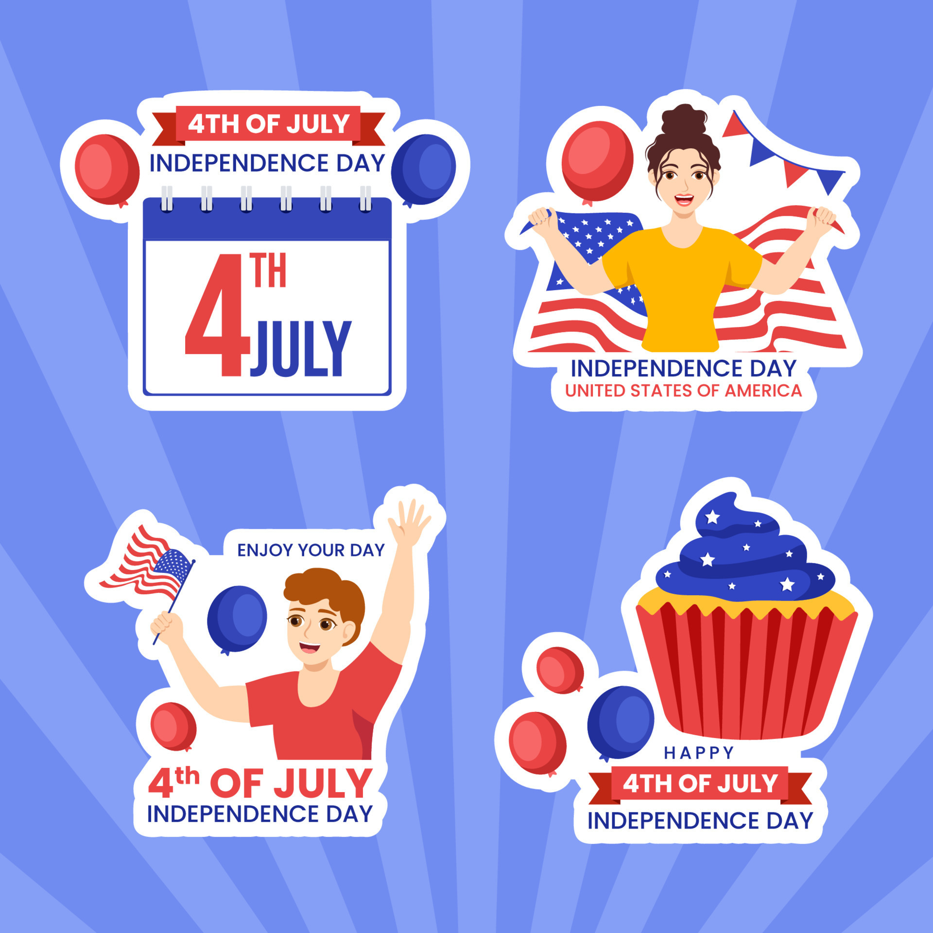 4th of July Independence Day USA Label Flat Cartoon Hand Drawn