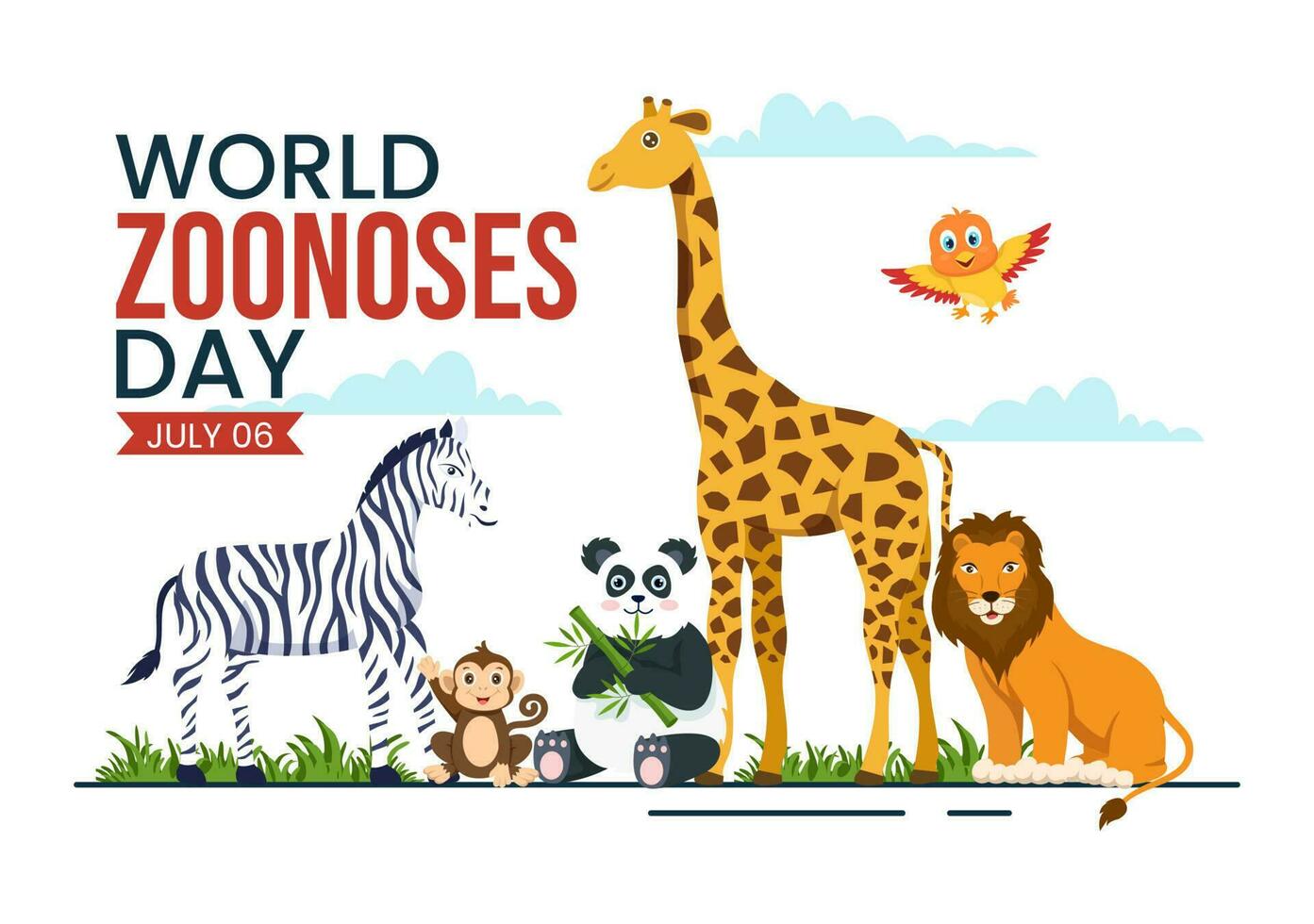 World Zoonoses Day Vector Illustration on 6 July with Various Animals which is in the Forest in Flat Cartoon Hand Drawn Landing Page Templates