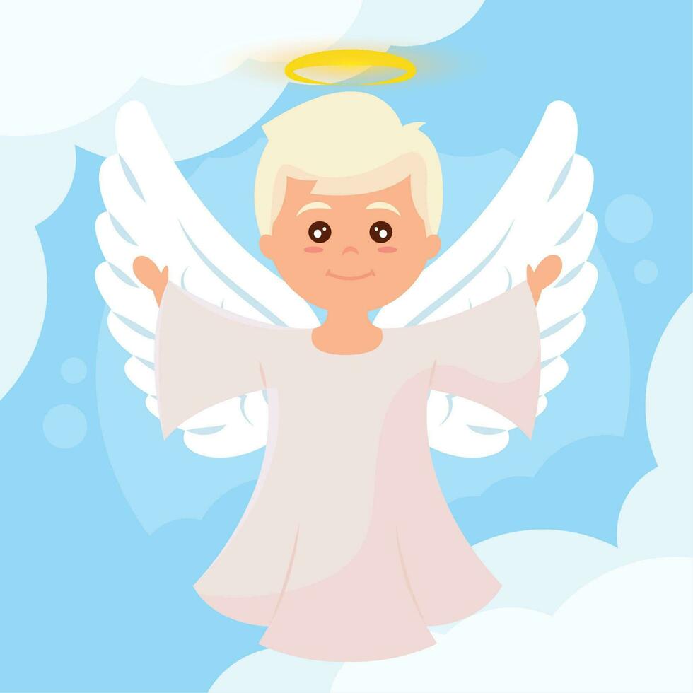 Isolated cute angel cartoon character on clouds Vector illustration