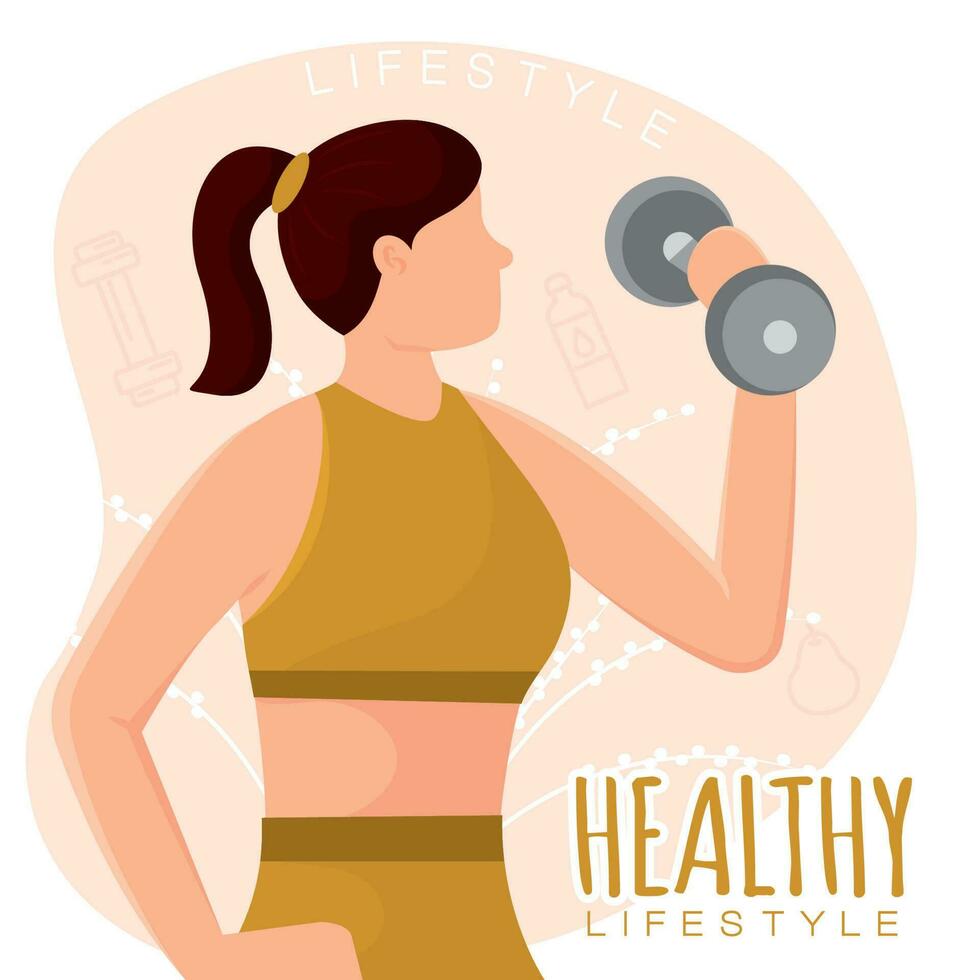 Isolated cute girl healthy abstract character doing weight lifting Healthy lifestyle Vector illustration